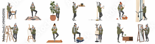 Set of illustrations showing a young woman in cozy winter clothing using her smartphone in various home settings and daily activities.