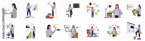 Collection of professional business analyst woman illustrations focusing on data analysis, spreadsheet management, financial reporting, and online learning in a flat design style.
