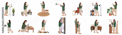 Collection of flat illustrations showing a young woman engaged in various activities at home while using digital devices like tablets and smartphones.