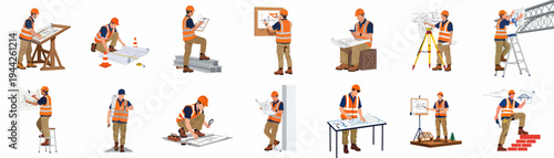 Collection of illustrations featuring a male construction engineer or architect in various work activities, including planning, surveying, and site management on white background.