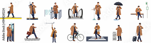 Set of flat vector illustrations depicting a businessman in a brown coat commuting and checking the time in various urban travel situations.