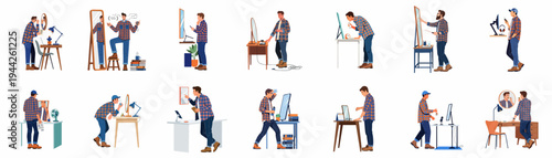 Flat vector illustrations of a young man in a plaid shirt engaged in various daily activities like grooming, working, and studying.