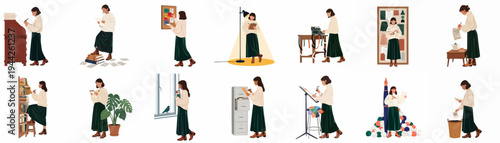Flat design illustrations of a woman engaged in various creative and professional activities like writing, researching, and organizing her workspace.