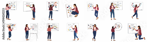 Set of illustrations depicting a professional woman project manager working on various sprint cycle diagrams and project planning whiteboards.