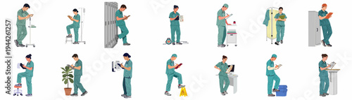 Set of medical professionals in green scrubs writing on clipboards in various hospital settings, isolated on a white background.