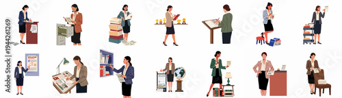 Vector set of professional women in academic and administrative roles, managing paperwork, university admissions, and office tasks in a flat illustration style.