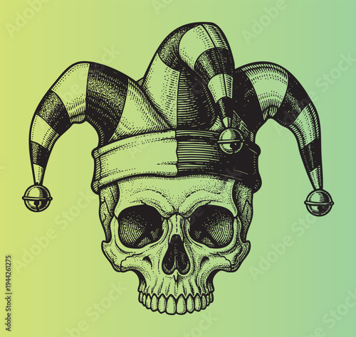 Illustration of a skull wearing a jester hat in detailed line art