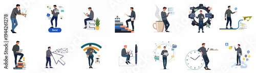 Flat vector illustration set of a male professional using various digital tools, laptops, and smartphones for communication, business productivity, and technology-driven work.