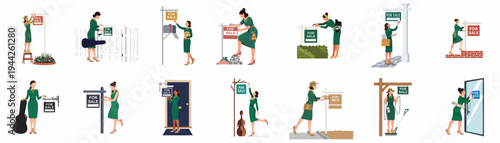 Diverse collection of flat illustrations showing a woman in a green dress placing 'For Sale' signs in various settings, some featuring musical instruments.