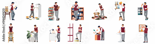 Vector illustrations of a young man in academic attire engaged in various office and administrative tasks such as filing, organizing, and reading documents.