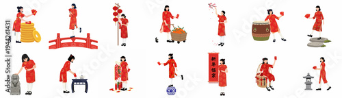 Collection of Chinese New Year Vector Illustrations Featuring a Girl in Red Cheongsam with Traditional Holiday Symbols and Red Envelopes
