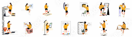 Set of flat vector illustrations showing a young woman managing her schedule, studying, and organizing her time with calendars and digital devices.