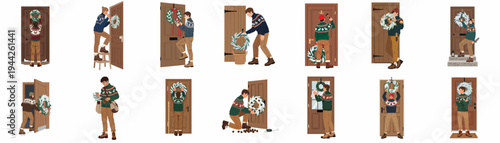 Set of men in winter sweaters decorating house doors with festive Christmas wreaths, showcasing holiday preparations and traditional home decor illustrations.
