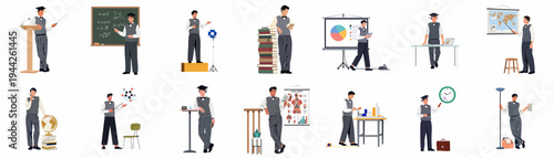 Flat vector illustrations of a male student or professor in various academic scenarios, including lecturing, studying, presenting, and researching in a classroom setting.