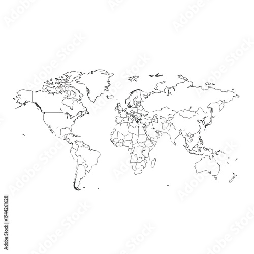 World Map Outline Illustration on White Background.