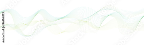 Vector abstract flowing line waves on white background. Soft green and yellow gradient curves form minimal dynamic soundwave. Modern digital waveform and technology design.
