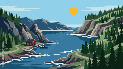 Serene vector illustration of a Scandinavian fjord landscape, featuring a red cabin, a boat on the calm water, and mountains. Ideal for travel brochures, posters, and graphic designs.