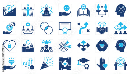 A set of icons related to Core Values. People, success, business, decision, award, target, challenges, and so on.