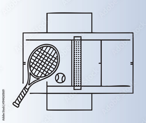 Tennis racket and ball with court illustration isolated design
