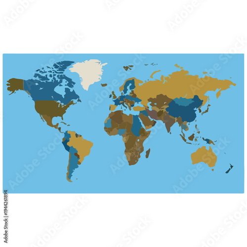World Map with Colored Countries and Continents.