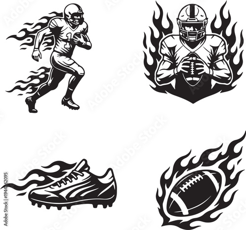 American football players and equipment with flames