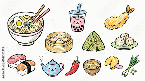 A collection of cute, hand-drawn Asian food and drink illustrations including ramen, sushi, bubble tea, dumplings, tempura, and more, on a white background.