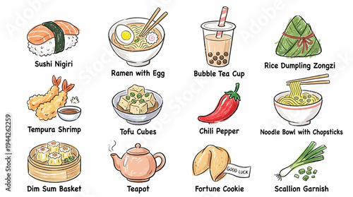 A collection of various Asian food and drink items including sushi, ramen, bubble tea, dim sum, tempura, and more, presented as illustrations.
