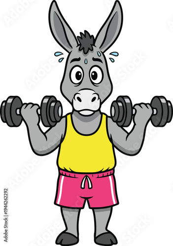 A donkey lifting weights in the gym
