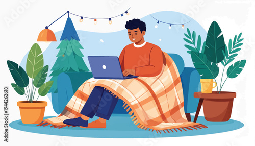 Man Relaxing with Laptop and Blanket.