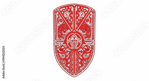 Red Shield Crest with Ornate Designs.