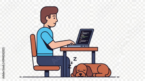 Man Working on Laptop with Dog.