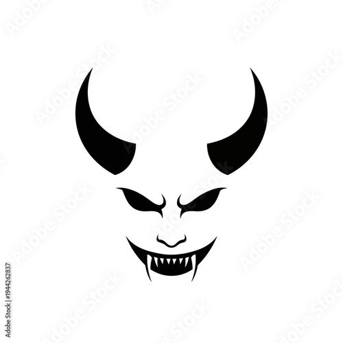 A black and white illustration of a demon's face with horns