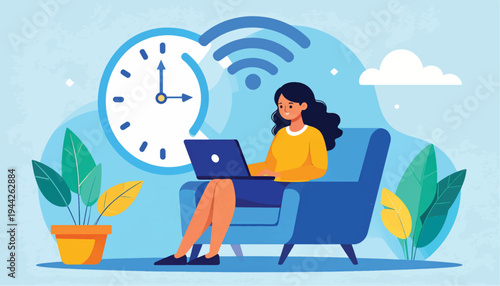 Woman Sitting on Sofa Using Laptop.