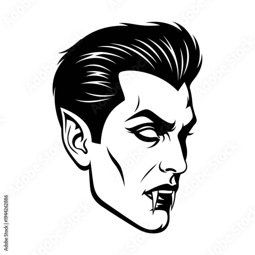A cartoon vampire with fangs and a menacing expression on his face