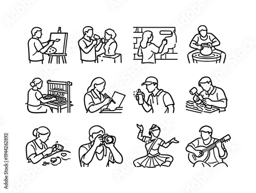 Portraits of Artists Creating Cultural Artwork. Line outline icon set of Portraits of Artists Creating