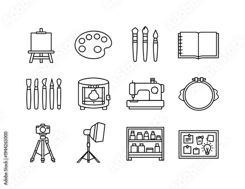 Creative Studio Environment. Line outline icon set of Creative Studio Environment: easel stand, paint palette,