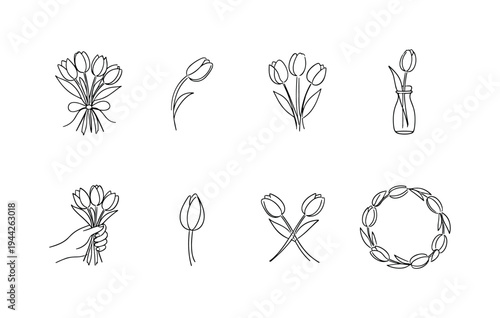 "Tulip Bouquet". Minimalistic set one-line drawing bouquet of tulips tied with ribbon, single tulip side view,