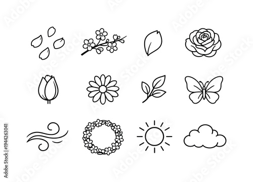 delicate petals falling line art. Line outline icon set of delicate petals falling line art: falling petals,