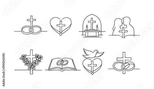 "Sacred Marriage Set". Minimalistic set one-line drawing cross above intertwined rings, heart wrapped around