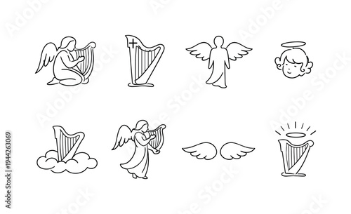 "Heavenly Music Icons". Minimalistic set one-line drawing angel seated with harp, harp with cross detail,