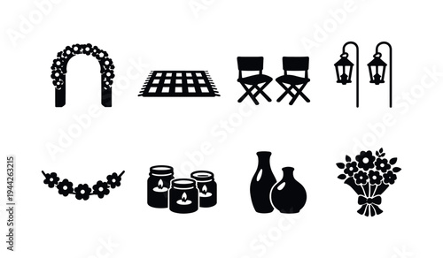 Outdoor Celebration Elements. Filled icon set of Outdoor Celebration Elements: garden arch with flowers,