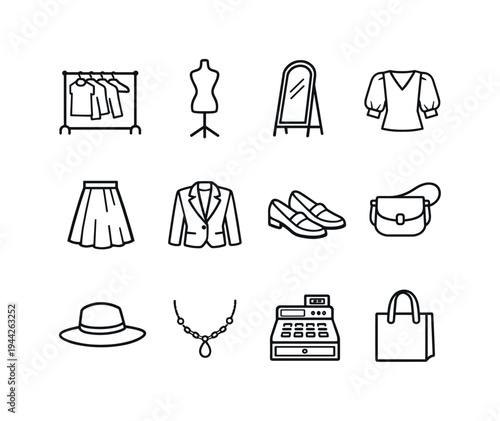 boutique fashion theme. Line outline icon set of boutique fashion theme: clothing rack, mannequin, mirror,