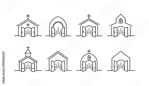 "Open House of Worship Set". Minimalistic set one-line drawing church facade with open doors, cross above
