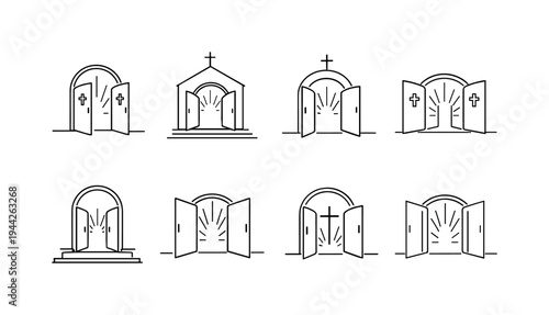 "Church Door Open". Minimalistic set one-line drawing open church door with light rays, arched wooden door
