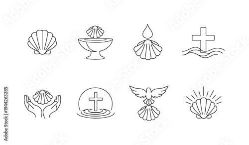 "Christian Baptism Icons". Minimalistic set one-line drawing scallop shell outline, shell over baptism font,