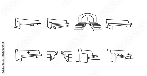 "Sanctuary Seating Icons". Minimalistic set one-line drawing long pew row perspective, pew with kneeling bench