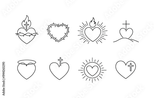 "Devotional Heart Set". Minimalistic set one-line drawing heart with flame and cross, thorned heart silhouette