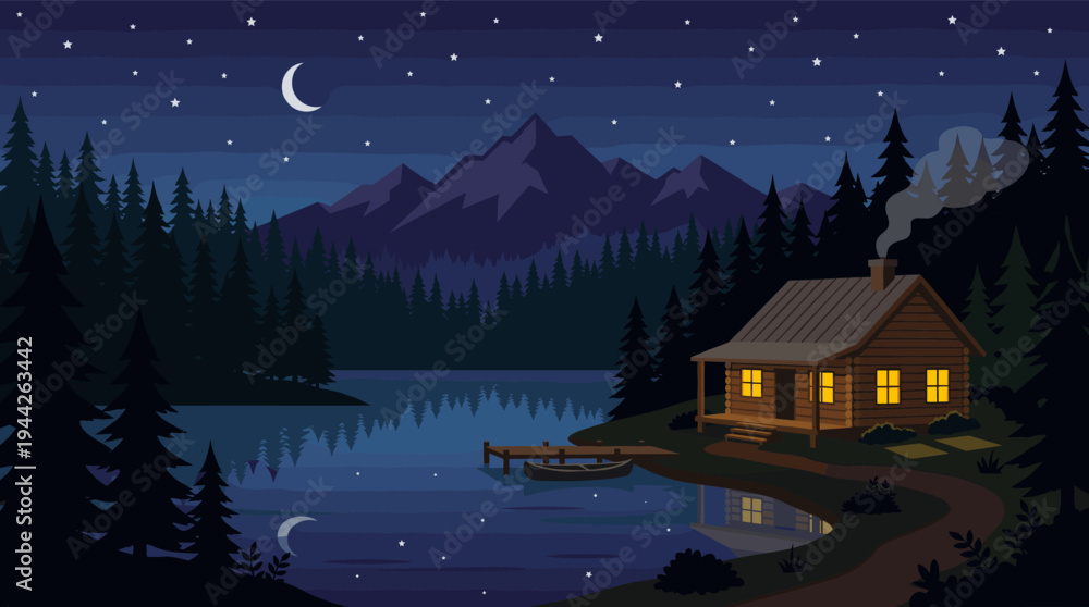Fototapeta premium Illustration of a cozy log cabin with glowing windows on a serene lake, complete with a boat and starry sky. Evokes feelings of tranquility and rustic charm in a beautiful wilderness setting.