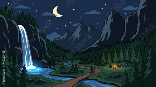 Illustration of a person hiking along a river path at night toward a campsite with a campfire, a tent, and waterfall under the moon and stars.