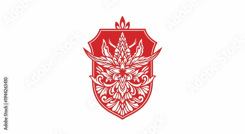 Red Shield Emblem with Floral Design.